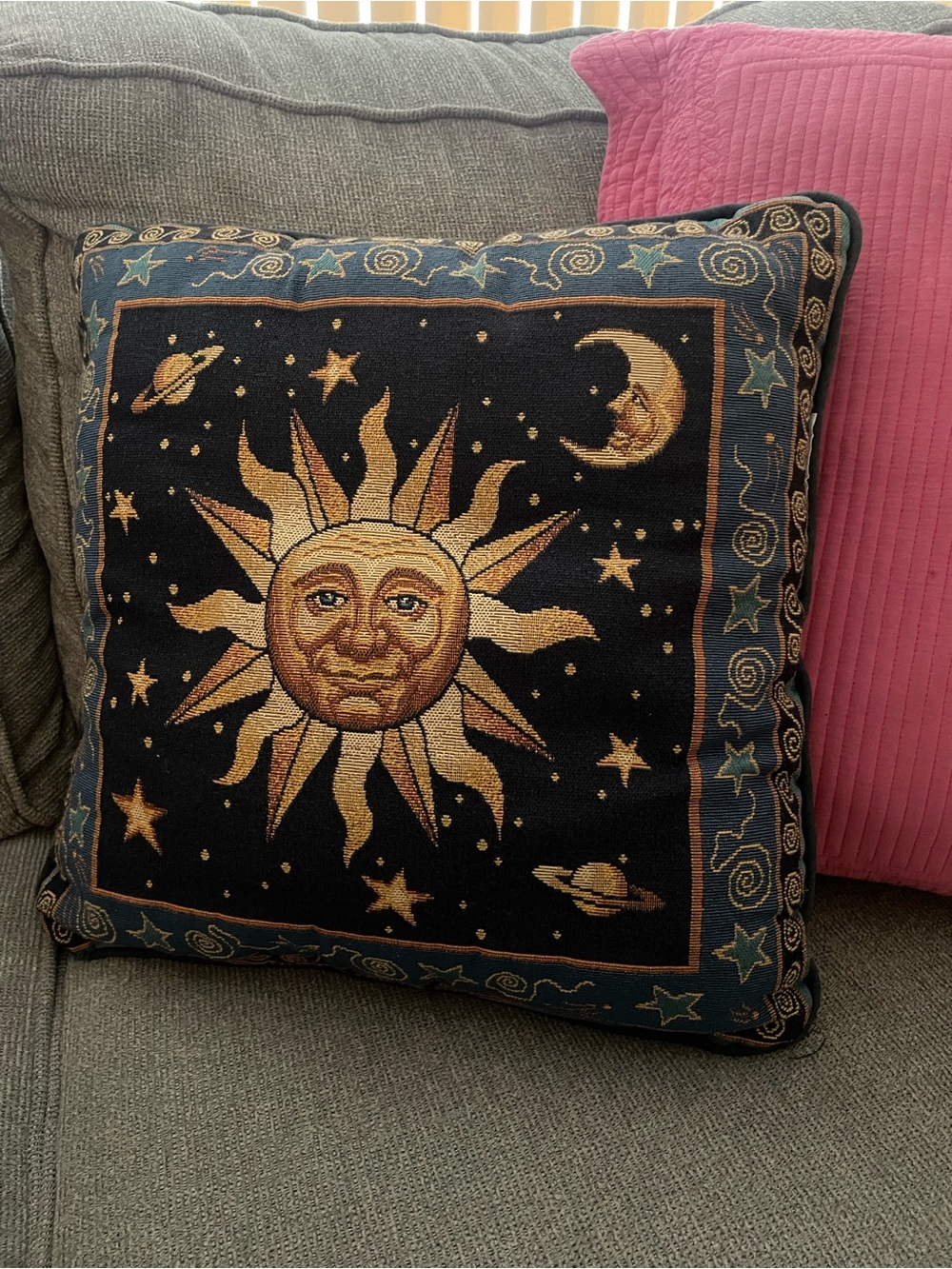 Vintage 90s Celestial Sun Moon Stars Tapestry Throw Pillow Cosmic Whimsigoth 15”